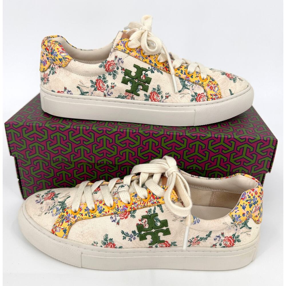Tory Burch Andrea Floral Court Sneaker Size 7.5 Canvas Embroidered T Logo